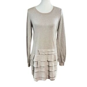 BCBGMAXAZRIA Gold Metallic Tiered Ruffle Sweater Dress Large Holiday Cocktail